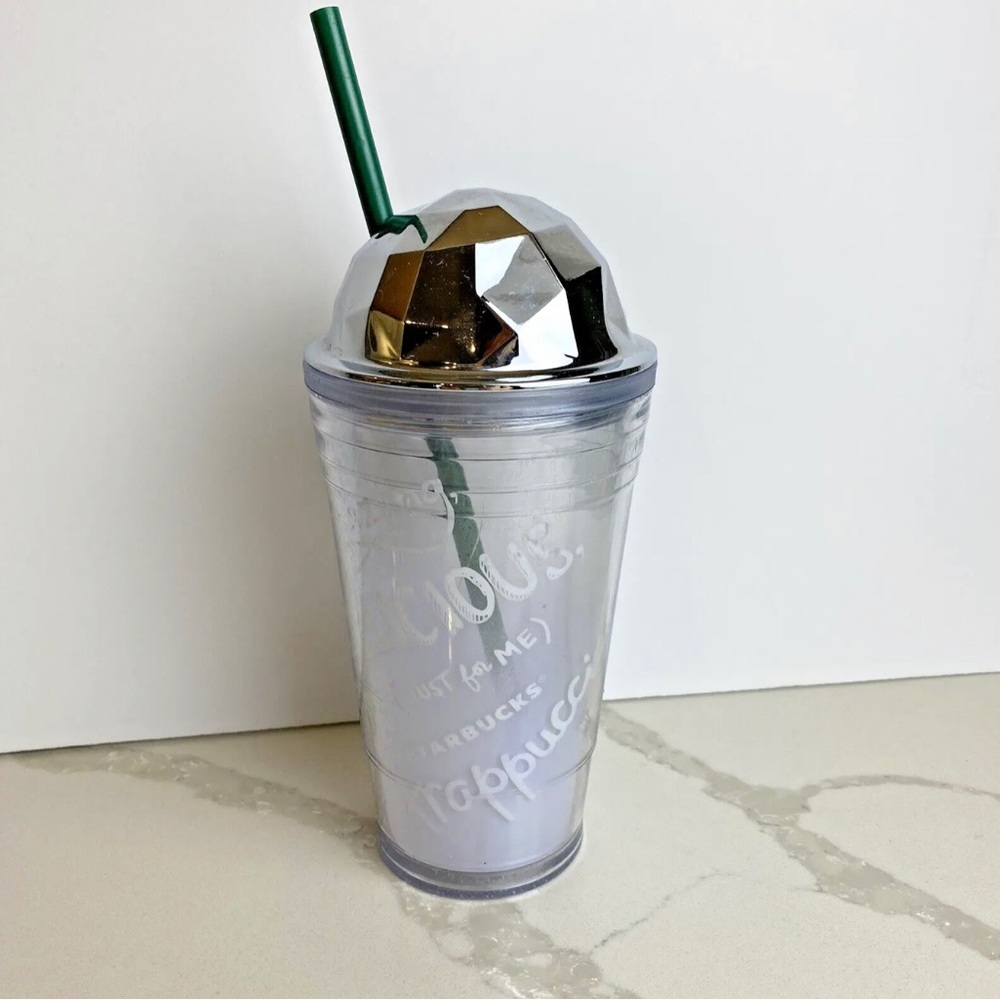 Starbucks Frappuccino 16oz Grande Cold Cup Tumbler Silver Dome Lid w Straw 2012